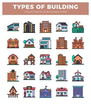 Stylized building icons in a grid layout on white background. Ilustración de archivo