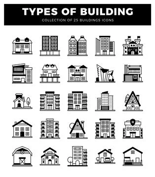 A stylized building icons. showcasing diverse architectural styles and types. Ilustración de archivo