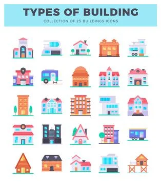 Stylized building icons on a white background. featuring various architectu.. Ilustración de archivo