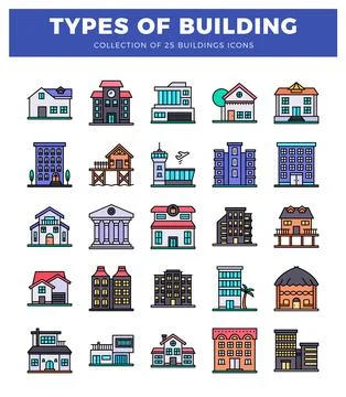 Stylized building icons on a white background with a blue title banner Ilustración de archivo