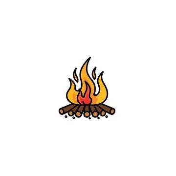 Stylized campfire graphic with burning logs and orange flames icon Stock Illustration