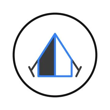 Stylized camping icon featuring a triangular tent with a circle frame for c.. Illustrazione stock