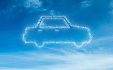 Stylized car-shaped cloud is forming in flat design blue sky with wispy cirrus Stock Illustration