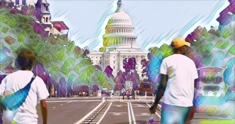 Stylized cartoon look of Washington D.C. Time laps, U.S. Capitol in Background. Vídeos de archivo 138701855