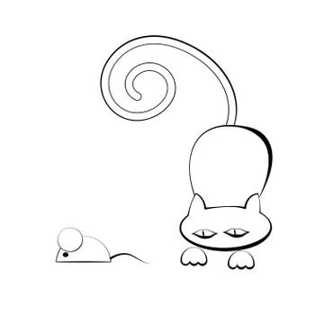 A stylized cat in front of the jump and the mouse. A black-and-white outline  Illustrazione stock