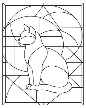Stylized cat sitting gracefully with a geometric pattern background for coloring Stockillustratie