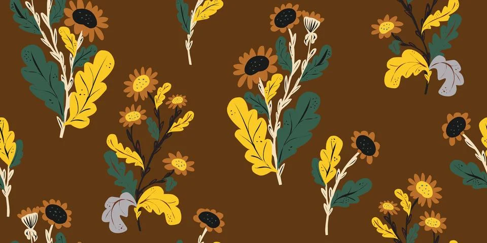 Stylized chamomile flowers, floral pattern. Vector overlapping seamless patte Stock Illustration