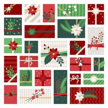 Stylized Christmas Gift Boxes with Festive Floral Accents Stock Illustration