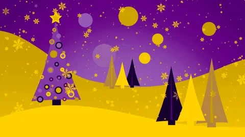 Stylized Christmas trees and falling snowflakes against a vibrant halftone Stock Footage 346669721