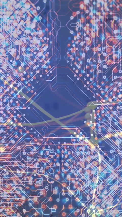 Stylized circuit traces shimmering, sending neon streaks crossing hex void, Stock Footage 330305877