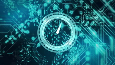 Stylized circular clock interface fading in triggers hand sweeping clockwise Stock Footage 312639088