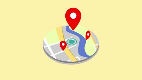 Stylized circular map with roads river areas and location pins on a pale an.. Stock Footage 337062357