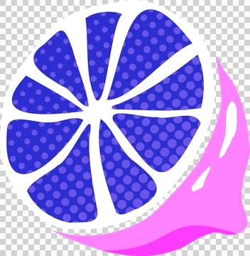 Stylized citrus slice is showing violet dots and pink splash in flat design, Stock Illustration