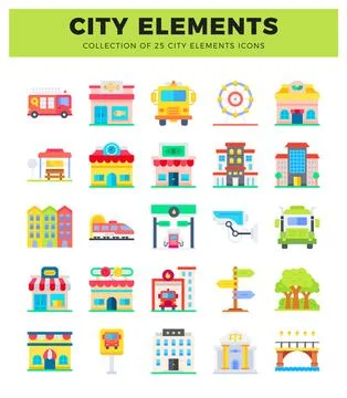 Stylized city element icons presented in a grid layout. Stock Illustration