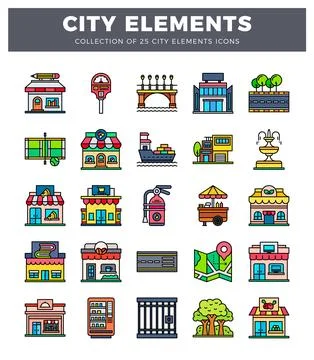 Stylized city elements icons on white background Stock Illustration