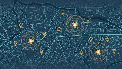 Stylized city map background with orange location markers and navigation routes Stock Illustration