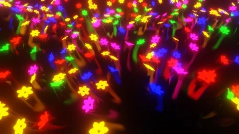 Stylized clearing with moving flowers glowing in different colors. abstract loop Video stock 257673759