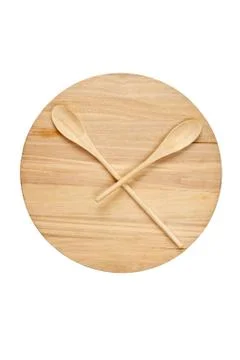 Stylized clock - cutting board and wooden spoons isolated on a white backgrou Stock Photos