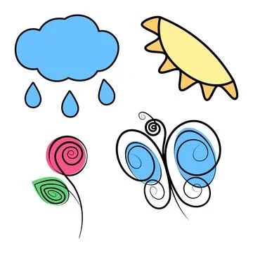 Stylized cloud with drops, half sun, rose bud and butterfly. Set of elements for 스톡 일러스트