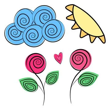 Stylized cloud, sun and roses with decorative heart in trendy marker hues. Ser Stock Illustration
