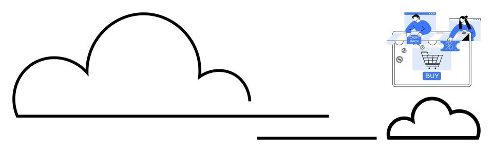 Stylized Cloud with Two Figures Shopping Online Indicating Cloud Computing .. Illustrazione stock