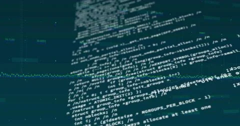 Stylized code blocks floating in data space with numeric labels, dotted line Illustration