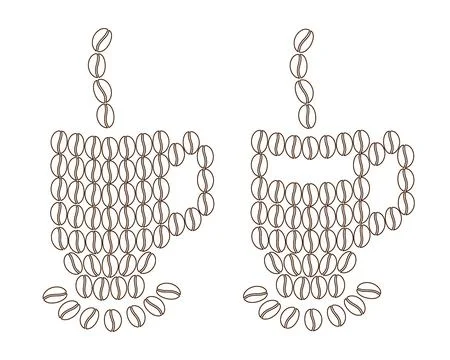 Stylized coffee cups with steam and saucer made of outline drawing coffee beans イラスト素材
