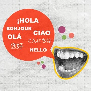 Stylized collage featuring an open mouth with a red speech bubble containin.. Stock Photos