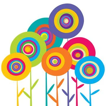 Stylized colored flowers in bloom over white background Stock Illustration