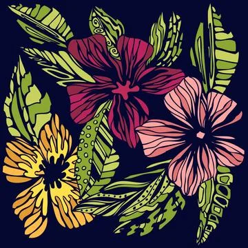 Stylized colored flowers sketch Stock Illustration