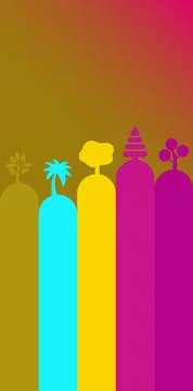 Stylized colorful trees on hills with a gradient background Stock Illustration