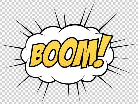 Stylized comic explosion cloud displaying BOOM text with radial lines, Stock Illustration