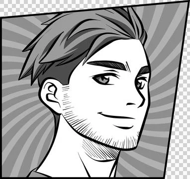 Stylized comic panel is depicting cartoon male headshot with swirl and Illustrazione stock