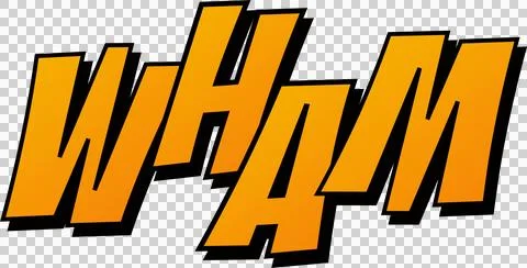Stylized comic sound effect is creating impact with orange WHAM letters, Ilustración de archivo