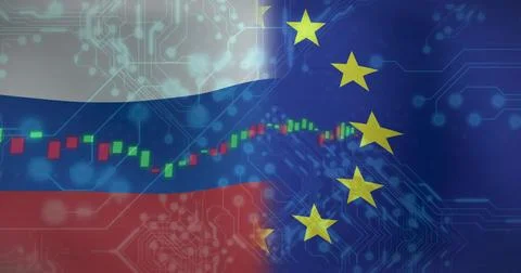 Stylized composition showing Russian and EU flags with candlestick chart and 스톡 일러스트