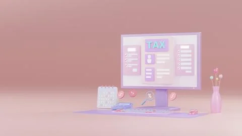 A stylized computer display with tax forms and calculator, set in a pastel .. Foto stock