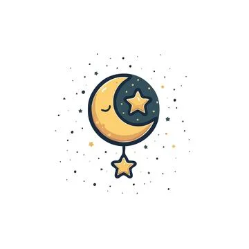 Stylized crescent moon and star illustration creating a whimsical and celes.. Stock Illustration