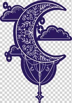 Stylized crescent moon is floating on transparent background with floral Ilustração Stock