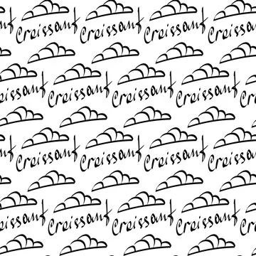 Stylized croissant image and handwritten Croissant text Seamless pattern Black Stock Illustration