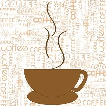 Stylized cup of coffee over a background with terms about coffee Stock Illustration