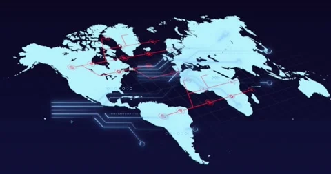 Stylized cyan map showing appearing node markers pulsing and drawing red links Stock Footage 333900877