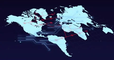 Stylized cyan map showing appearing node markers pulsing and drawing red links Stock Illustration