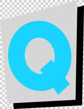 Stylized cyan Q hovering over tilted gray square with shadow, flat vector, イラスト素材