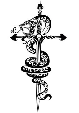Stylized dagger in the form of a cross and a stylized poisonous snake, black Stock Illustration