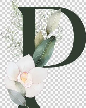 Stylized dark-green D is floating in watercolor flora with camellia bloom, Stock Illustration