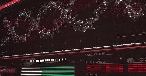 Stylized dashboard is displaying 3D graph with waveform, data panels and 写真素材