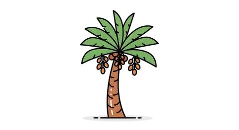 Stylized date palm tree with clusters of dates and green fronds, simple car.. Stock Illustration