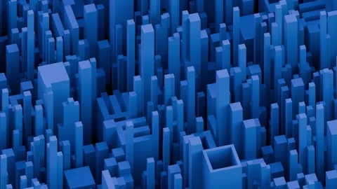 A stylized, deep blue urban landscape featuring geometric skyscrapers and block Stock Footage 340237676