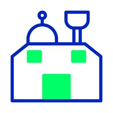 Stylized depiction of a building combining simple geometric shapes and vibr.. Ilustración de archivo