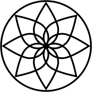 Stylized design within circle, featuring flower-like motif, intersecting lines. Stock Illustration